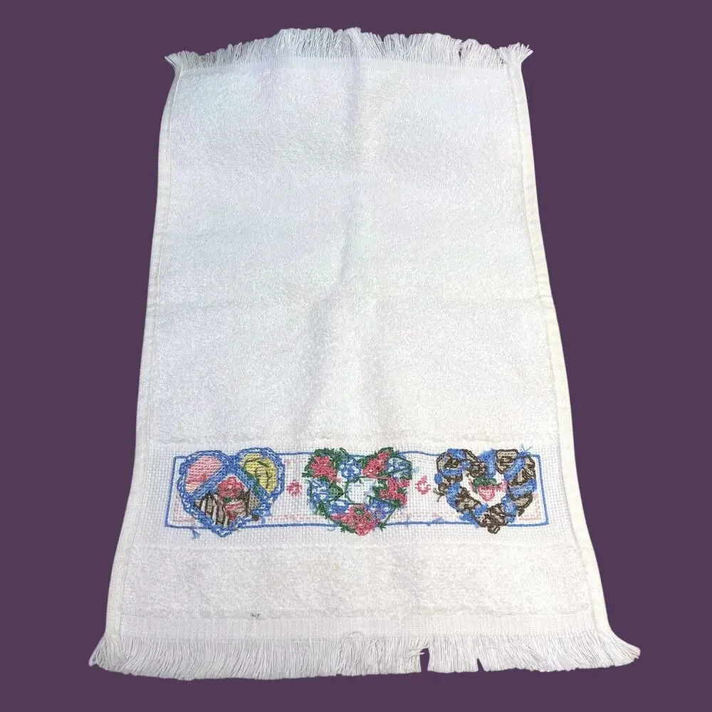 Vintage Cross Stitch Hearts Floral Hand Towel Fringe White 18x10.5 Cottage